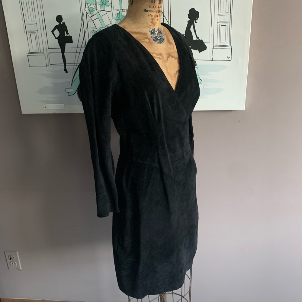 Vintage Black Suede Firenze Santa Barbara Bodycon V Neck Dress, Small - Picture 2 of 11